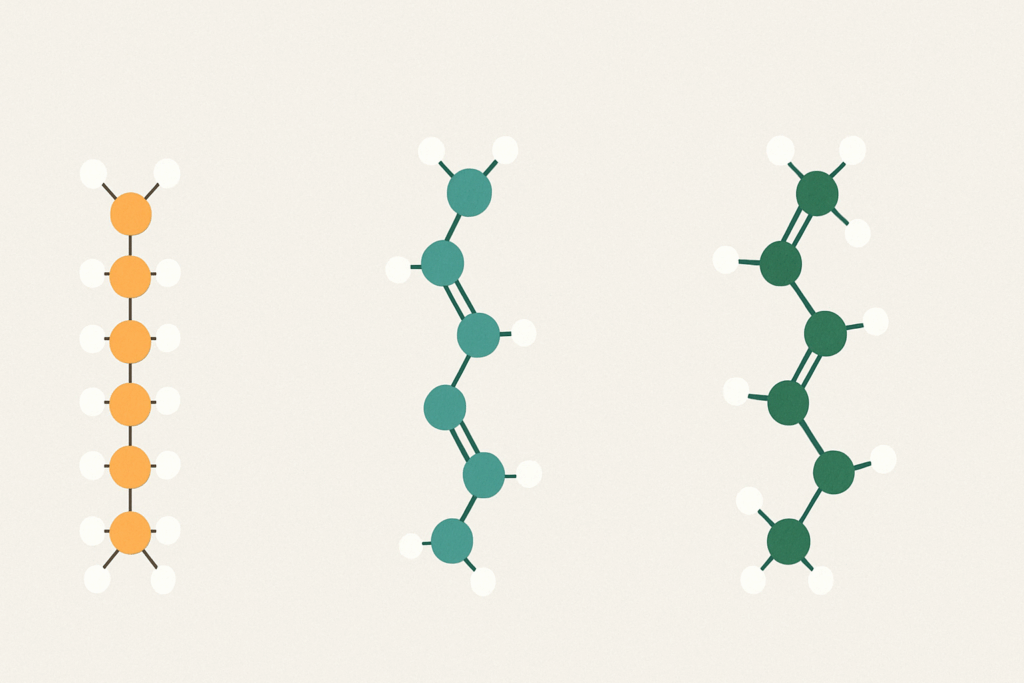 Molecular illustration comparing saturated, monounsaturated, and polyunsaturated chains to explain what are considered fatty acids.