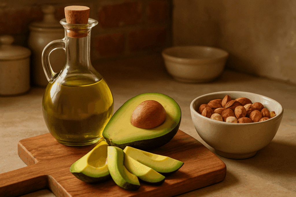 Olive oil, sliced avocado, and mixed nuts on a Mediterranean kitchen counter, showing what are considered fatty acids for heart health