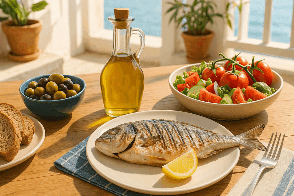 Mediterranean meal with grilled fish, olive oil, vegetables, and whole grain bread illustrating what are considered fatty acids in a healthy diet.