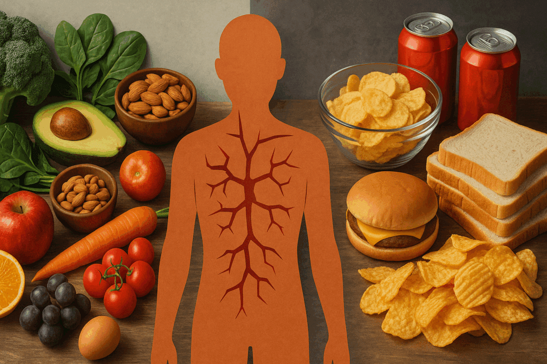 Split-screen showing nutrient-rich whole foods on one side and processed junk food on the other, with a stressed human silhouette in the middle representing vitamin deficiencies linked to malnutrition.