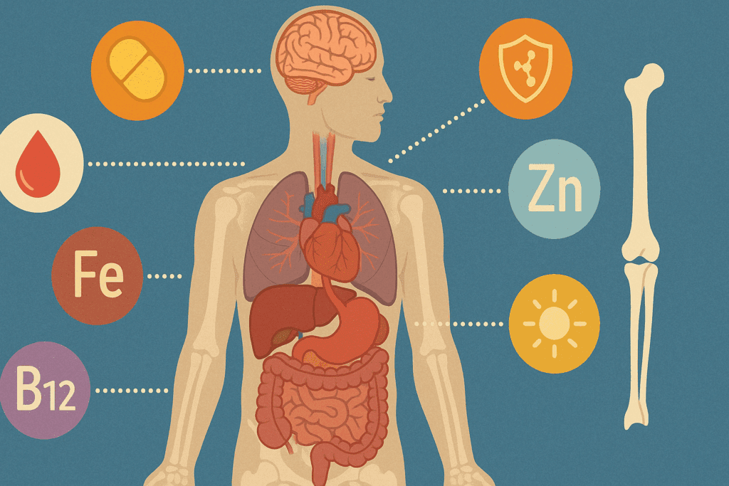 Illustration of the human body showing organs affected by vitamin deficiencies linked to malnutrition, including brain, bones, and immune system