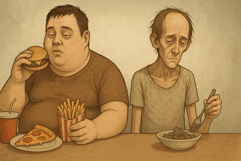 Overweight man eating processed food beside an underweight man with a sparse meal, both showing signs of vitamin deficiencies linked to malnutrition