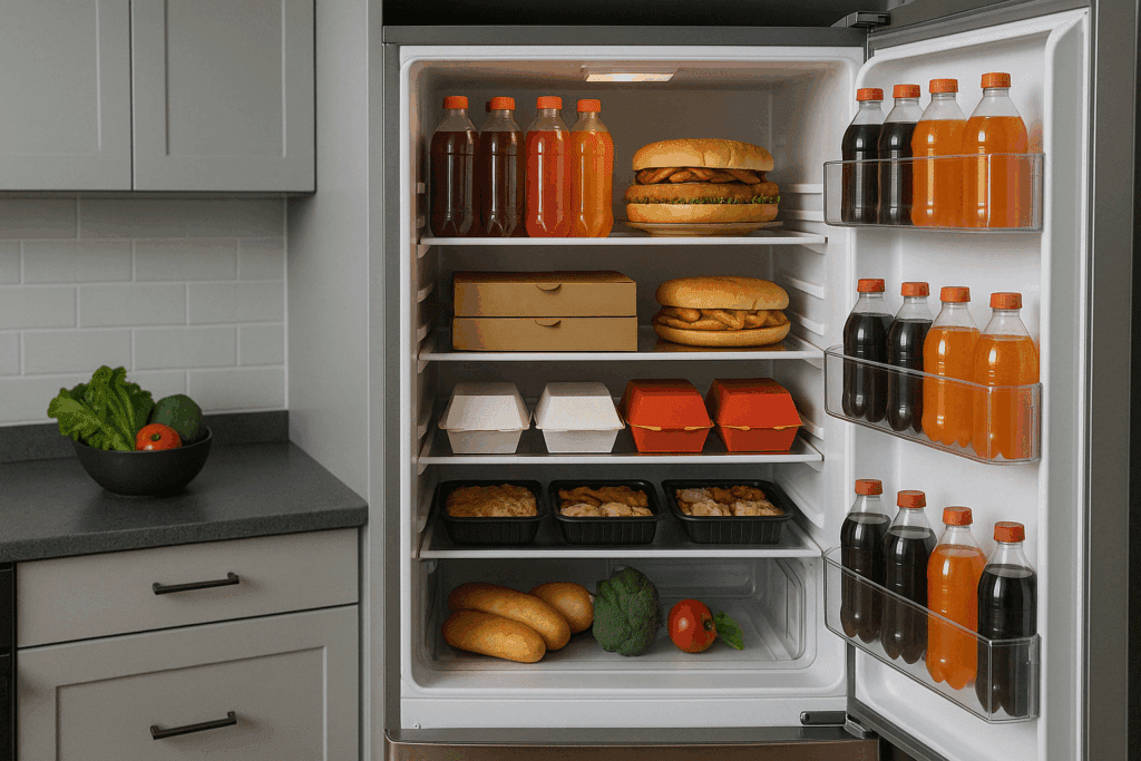 Open refrigerator in a modern kitchen filled with processed foods and sugary drinks, highlighting vitamin deficiencies linked to malnutrition through neglected fresh produce in the corner.
