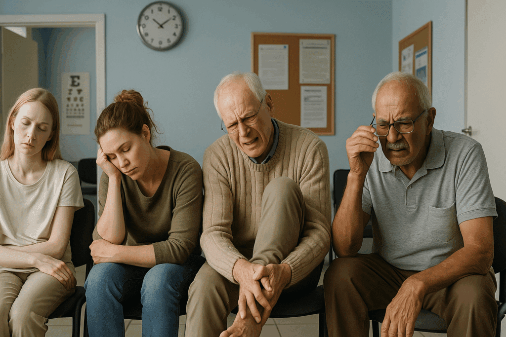 Patients in a medical clinic waiting room showing symptoms of vitamin deficiencies linked to malnutrition, including fatigue, pale skin, poor vision, and brittle hair