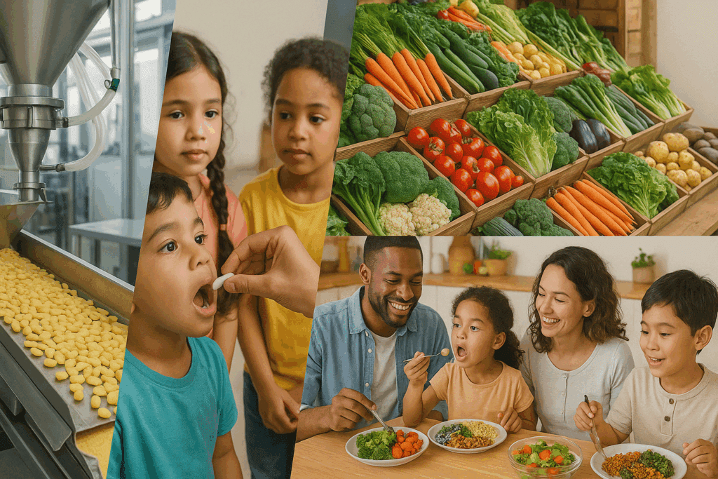 Collage showing fortified food production, children receiving supplements, fresh produce at a market, and a family eating a balanced meal—highlighting strategies to prevent vitamin deficiencies linked to malnutrition.