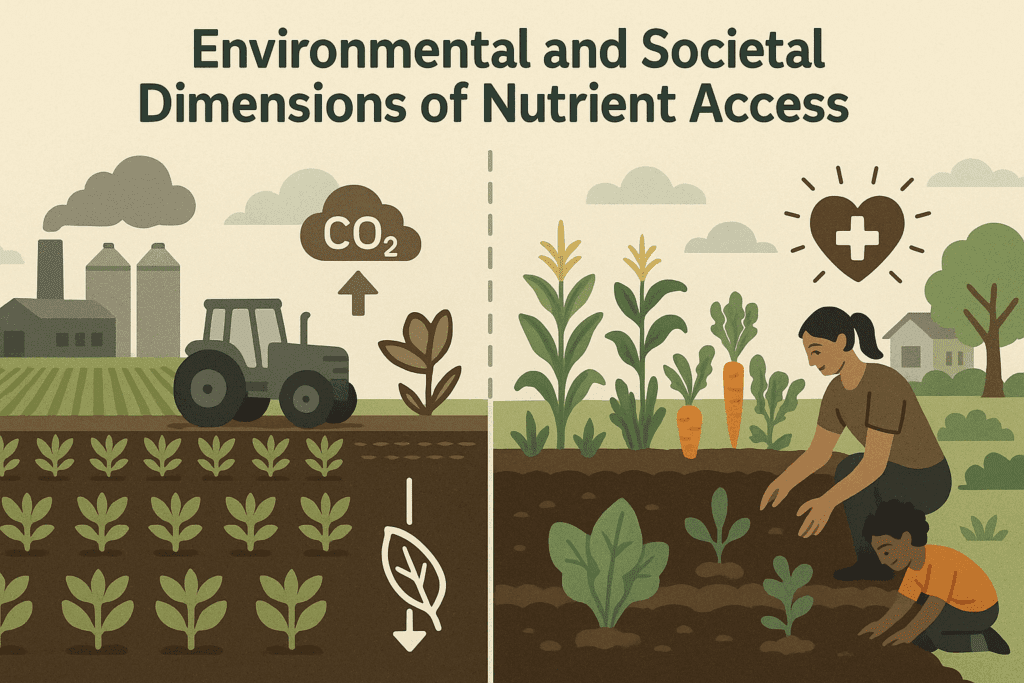 Infographic comparing industrial and sustainable farming to highlight environmental impacts and vitamin deficiencies linked to malnutrition.