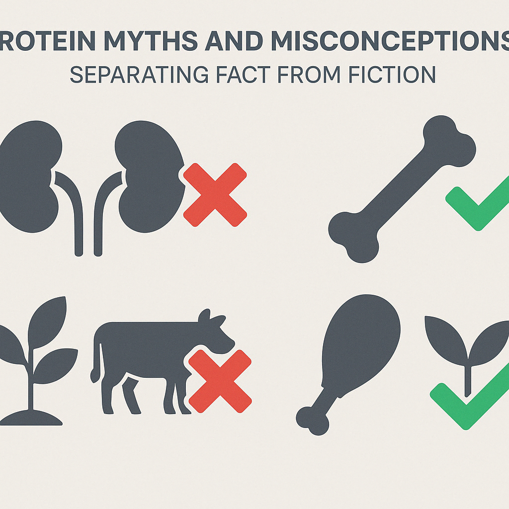 Infographic using kidney, bone, plant, animal, and meat icons with red Xs and green checkmarks for understanding the different types of proteins