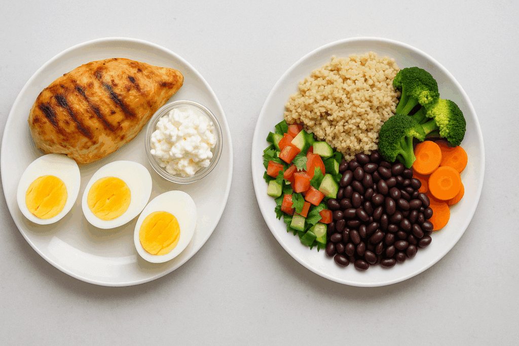 Grilled chicken with eggs and cottage cheese beside a plate of quinoa, black beans, and vegetables, illustrating understanding the different types of proteins.