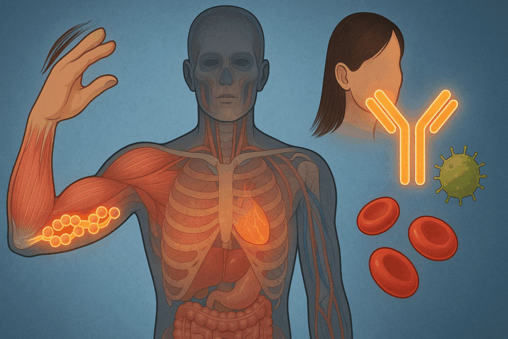 Cutaway medical illustration of a human body highlighting muscle contraction, keratin in hair, immune response, and red blood cell function for understanding the different types of proteins.