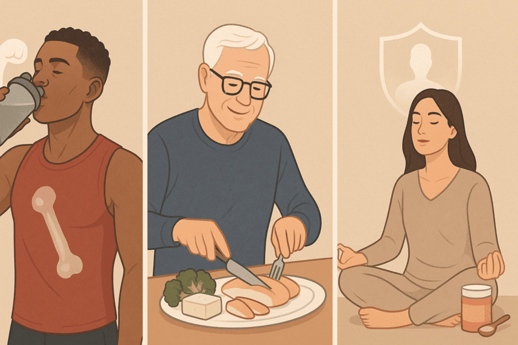 Diverse people illustrating understanding the different types of proteins—an athlete with whey for muscle support, an older adult cooking a protein-rich meal for bone health, and a woman meditating beside collagen supplements for immune wellness.