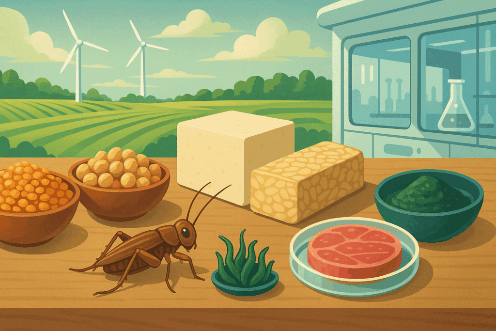 Sustainable foods including lentils, chickpeas, tofu, tempeh, spirulina, insect protein, and lab-grown meat, illustrating understanding the different types of proteins in an eco-friendly setting.