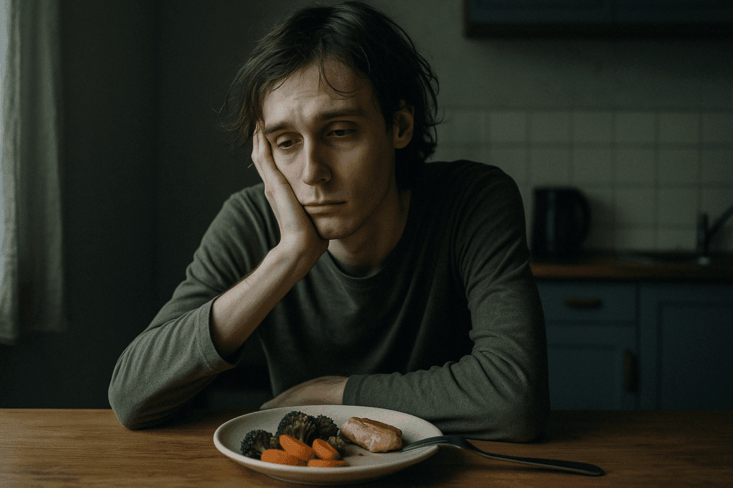 Fatigued young adult with pale skin and slouched posture staring at untouched food, illustrating why not eating enough can make you tired.