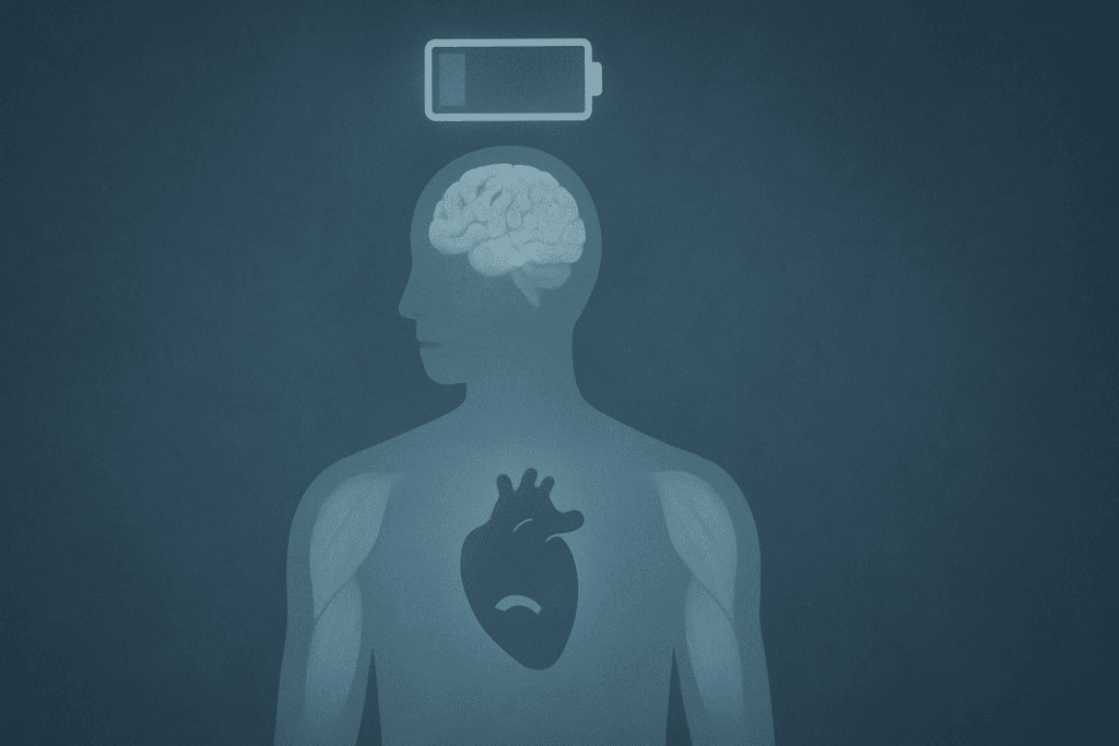 Human silhouette with low energy signals, including dim brain, weak muscles, tired heart, and low battery icon, illustrating why not eating enough can make you tired.