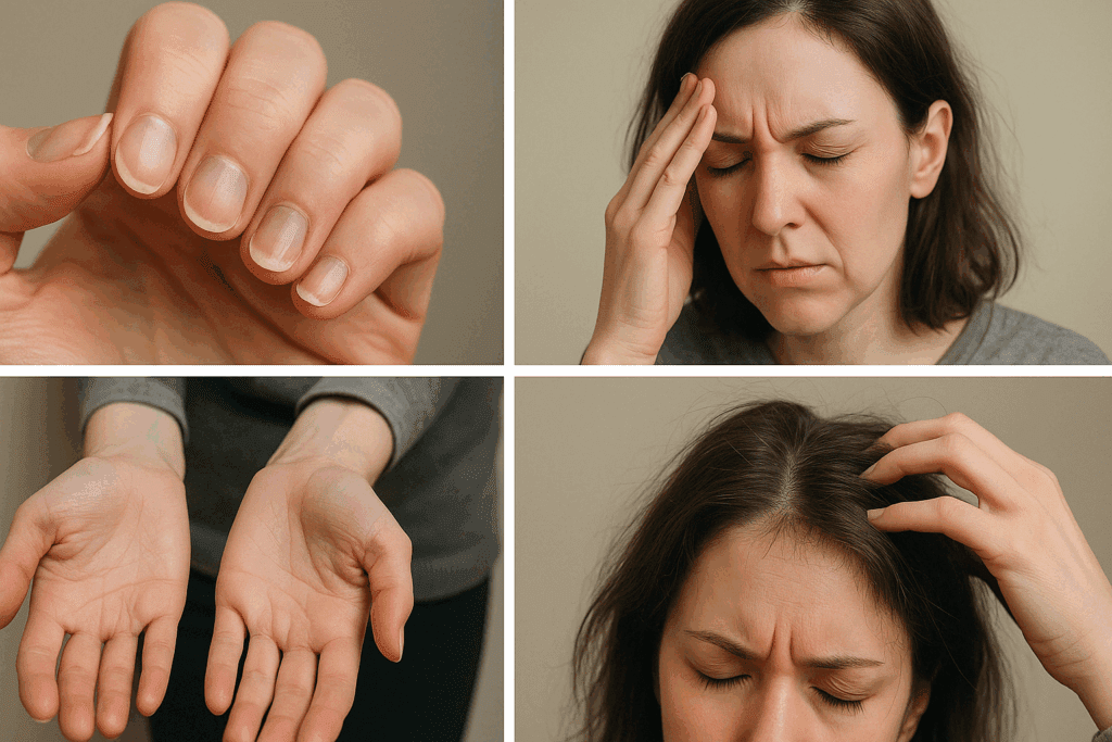 Close-up collage showing early physical signs like brittle nails, pale hands, headache, and thinning hair, illustrating why not eating enough can make you tired.