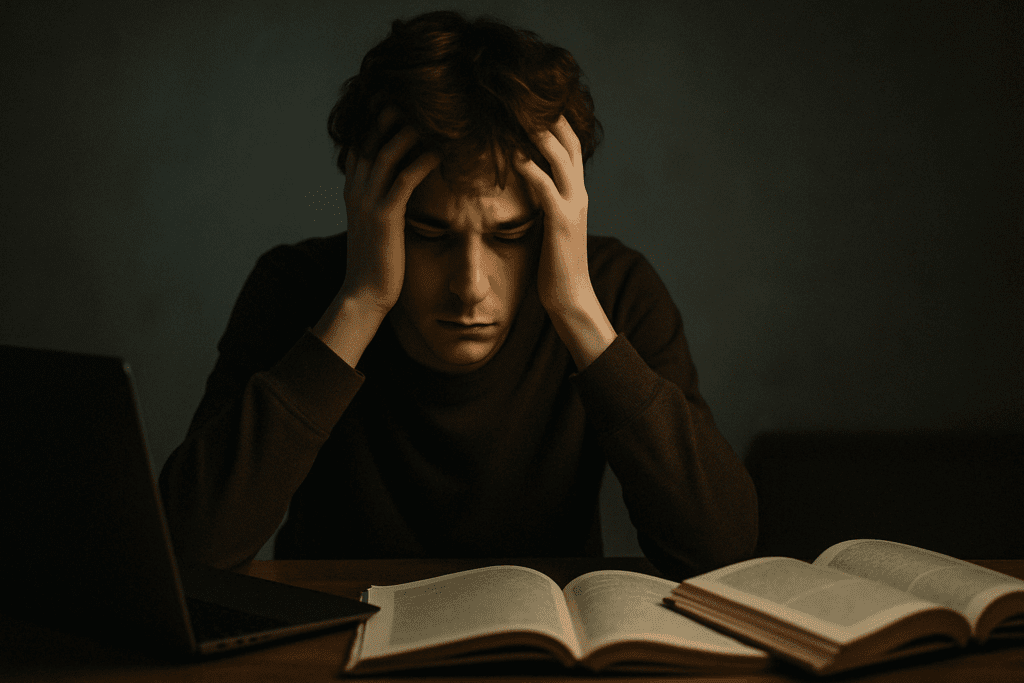 Young adult showing mental fatigue with head in hands at a dim desk, illustrating why not eating enough can make you tired.