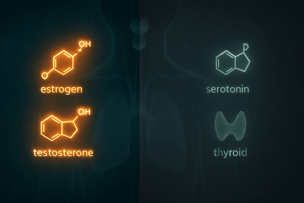 Visual comparison of a balanced vs. disrupted hormonal system illustrating why not eating enough can make you tired, with glowing icons for estrogen, testosterone, serotonin, and thyroid hormones.