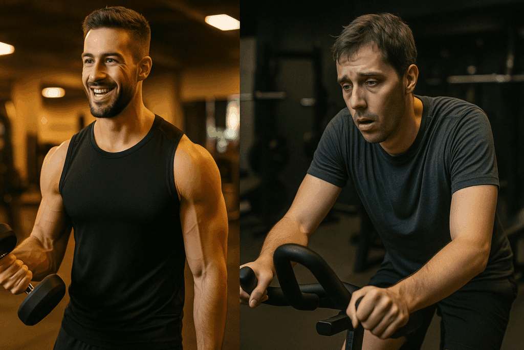 Two men working out side by side at the gym, clearly contrasting in energy levels—one thriving and muscular under warm lighting, the other pale, fatigued, and slouched during cardio—visually illustrating why not eating enough can make you tired.