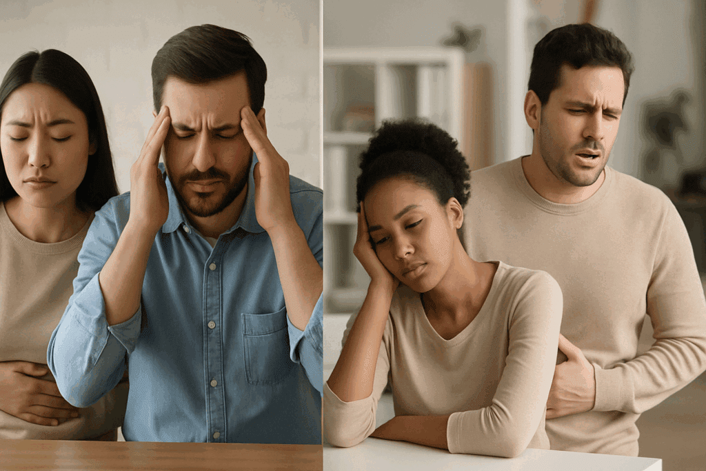 Diverse adults showing signs of sudden food intolerance in adults, including stomach pain, fatigue, and headaches in home and office settings.