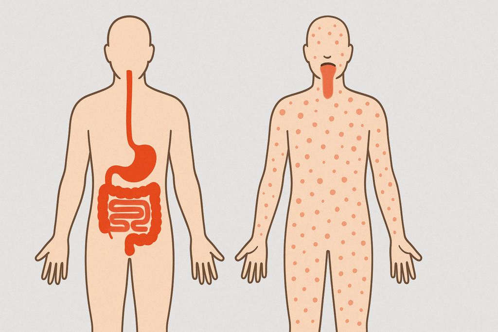 Medical illustration comparing sudden food intolerance in adults with an allergic reaction, showing digestive distress versus full-body immune response.