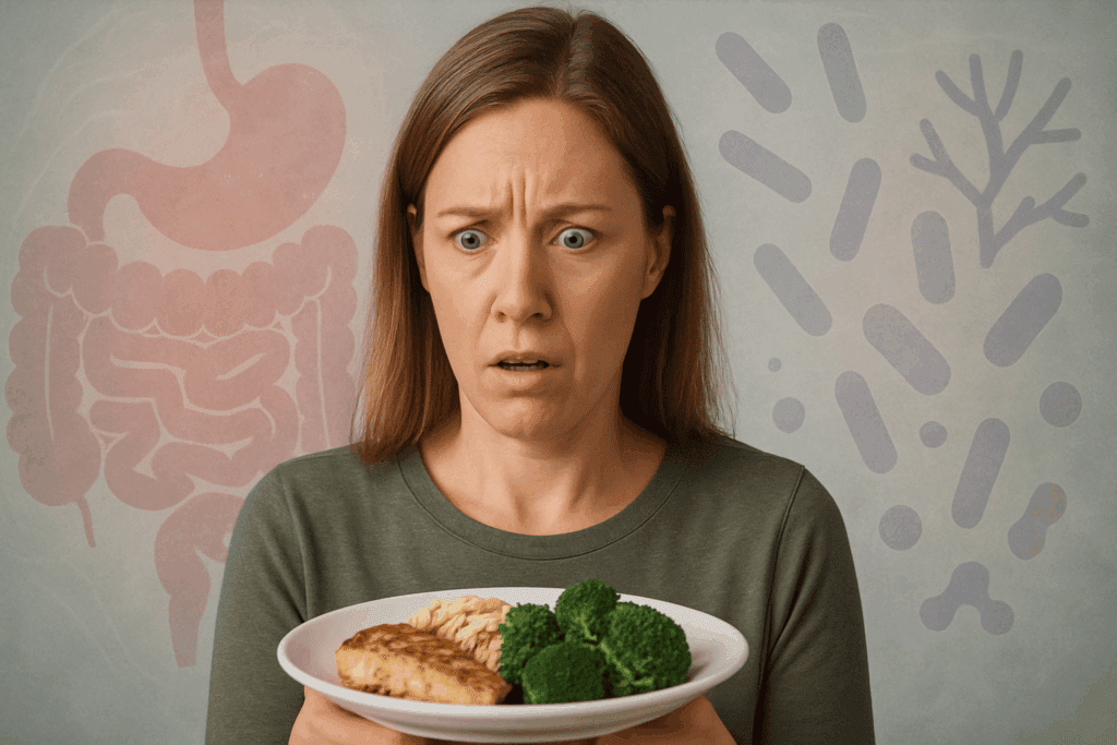 Confused woman in her 30s staring at a plate of food, with abstract visuals of gut imbalance in the background, representing sudden food intolerance in adults.