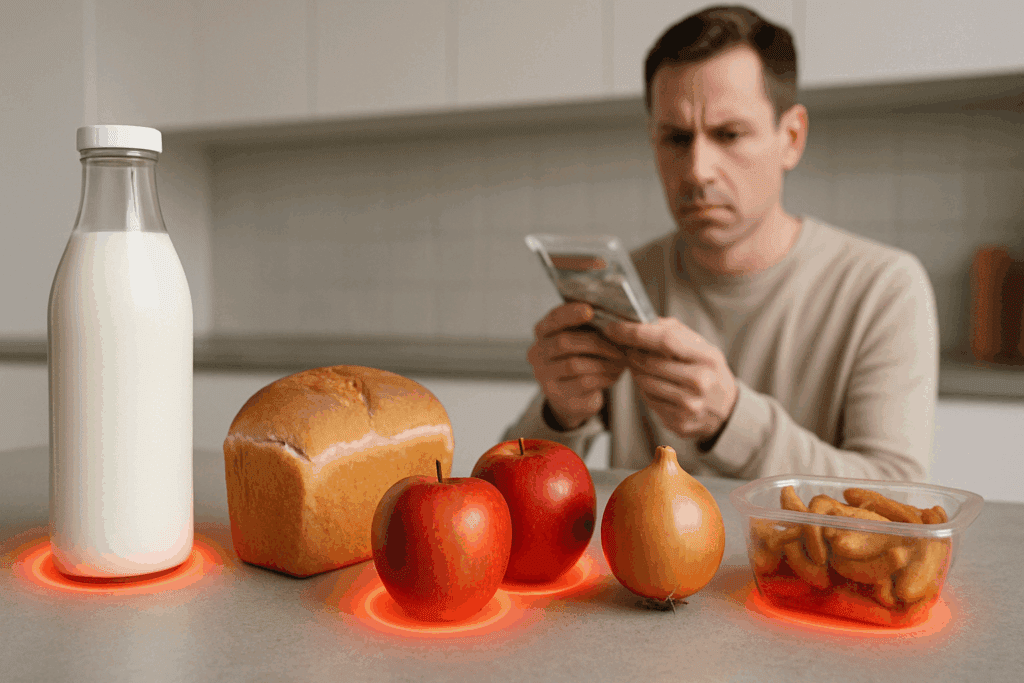 Common triggers of sudden food intolerance in adults including milk, bread, apples, onions, and processed snacks on a kitchen counter with a man examining a food label in the background.