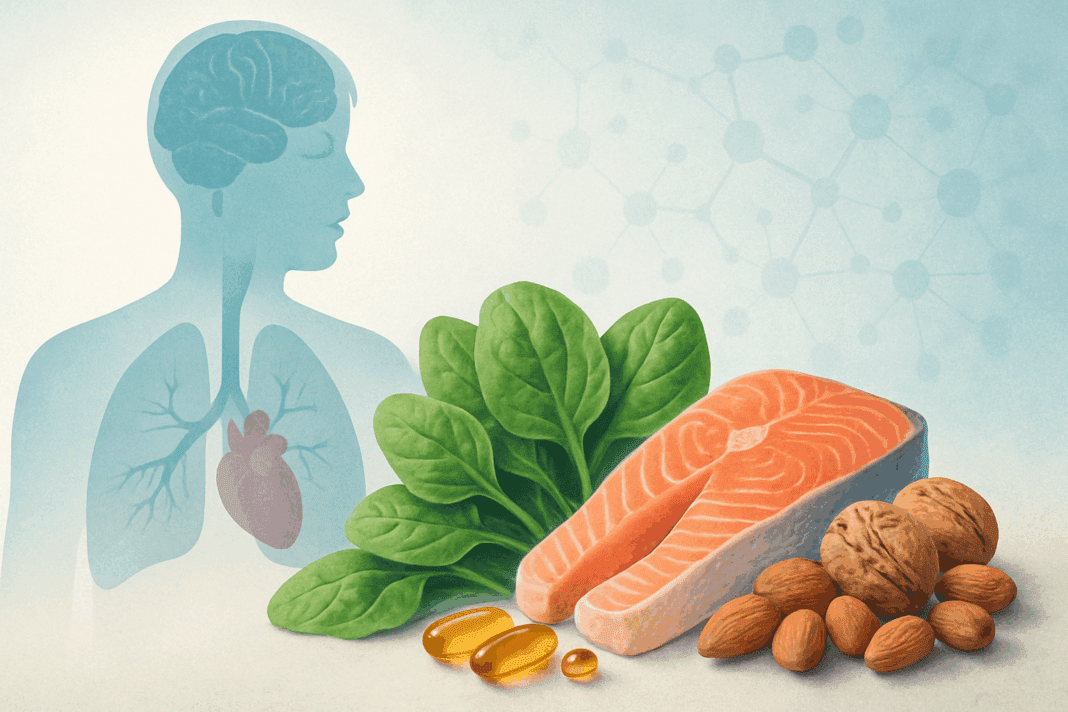 Human silhouette showing brain, heart, and lungs blended into healthy foods like salmon, leafy greens, and supplements, symbolizing the link between nutrition and What Vitamin Deficiency Can Cause Breathing Problems or Fatigue.