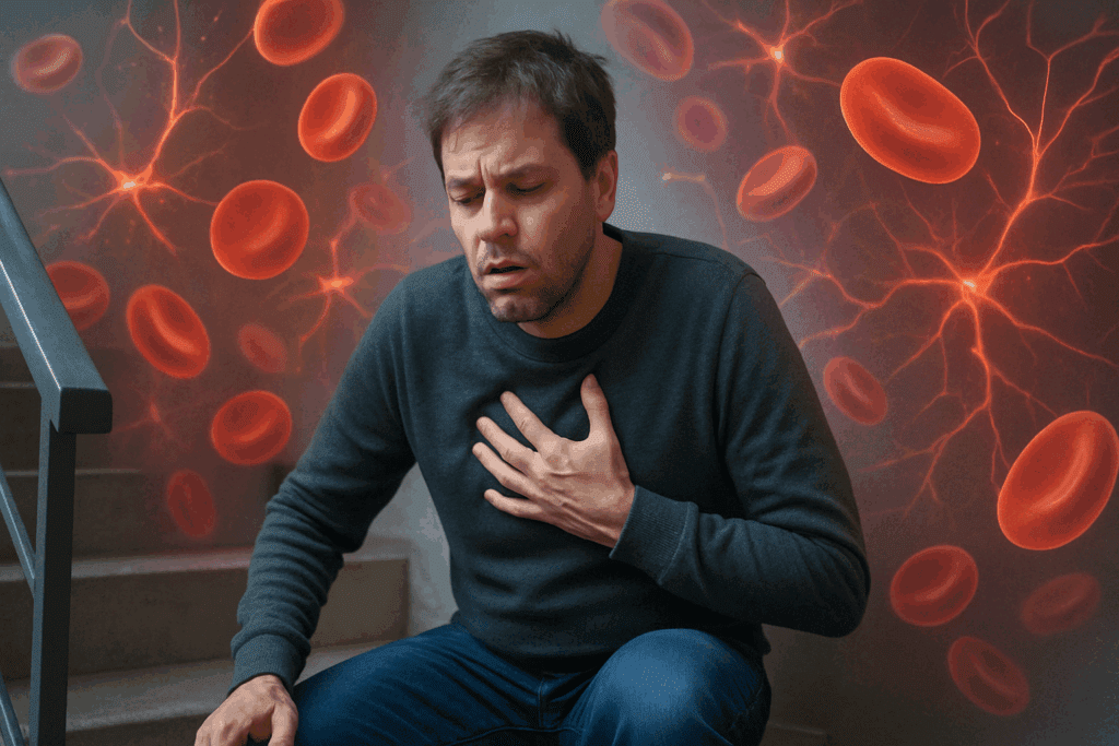 Fatigued man holding chest while sitting on stairs, with digital red blood cells and neurons in background, illustrating what vitamin deficiency can cause breathing problems or fatigue.