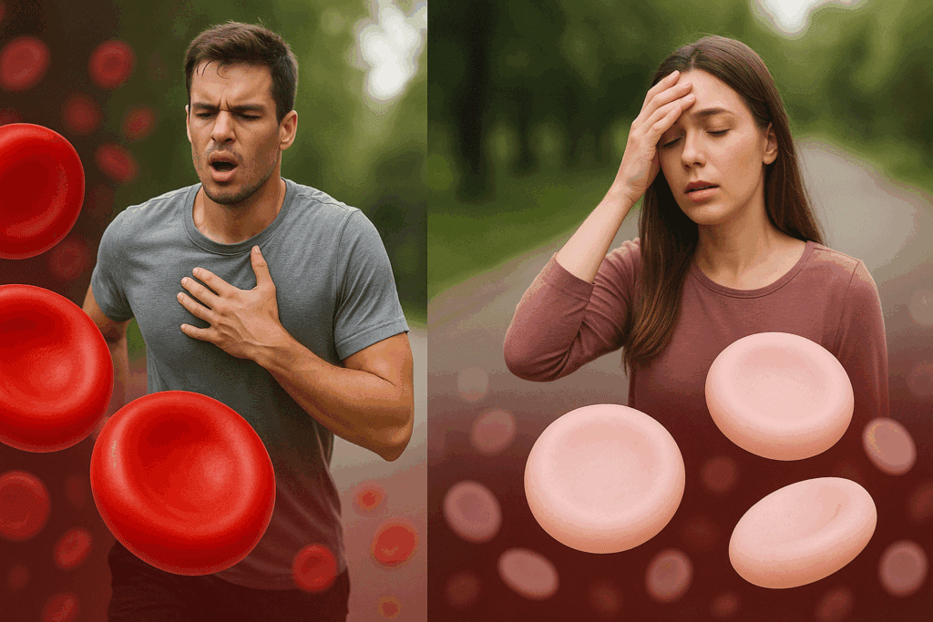 Split image showing how iron deficiency in red blood cells leads to symptoms of What Vitamin Deficiency Can Cause Breathing Problems or Fatigue.