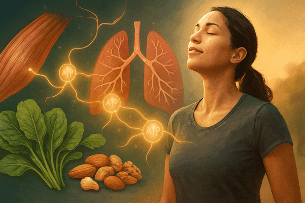 Muscle fibers, lungs, ATP energy lines, leafy greens, and deep breathing person illustrate what vitamin deficiency can cause breathing problems or fatigue.