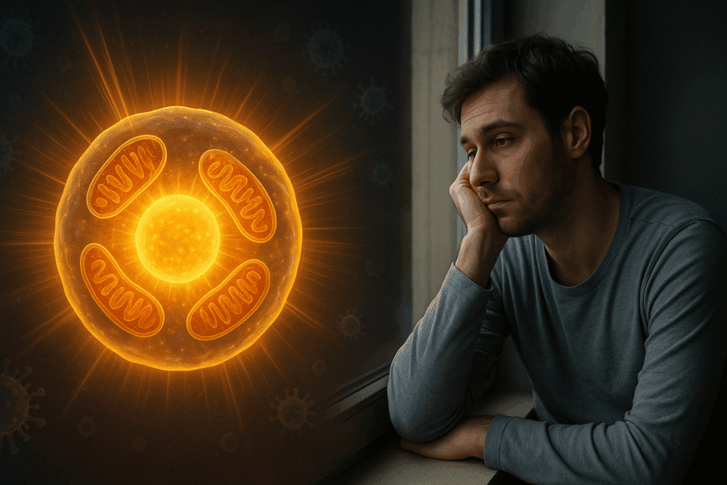 Cellular image showing glowing mitochondria linked to energy loss beside fatigued person indoors, illustrating What Vitamin Deficiency Can Cause Breathing Problems or Fatigue.