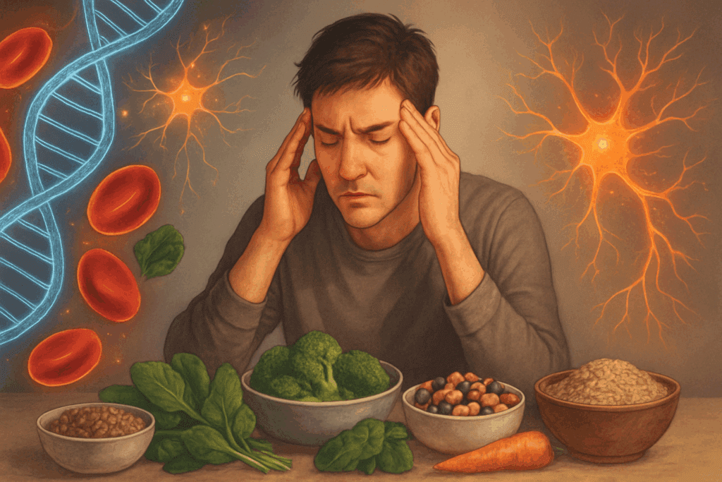 Conceptual illustration showing a fatigued man holding his temples surrounded by healthy foods, red blood cells, neurons, and DNA strands, symbolizing what vitamin deficiency can cause breathing problems or fatigue