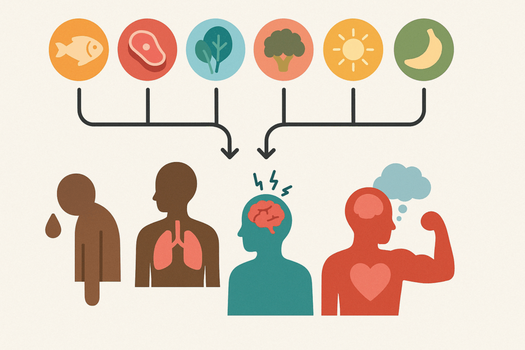 Infographic illustrating what vitamin deficiency can cause breathing problems or fatigue, showing nutrient icons like fish, meat, leafy greens, and sunlight linked to brain, lungs, heart, and muscle symptoms.