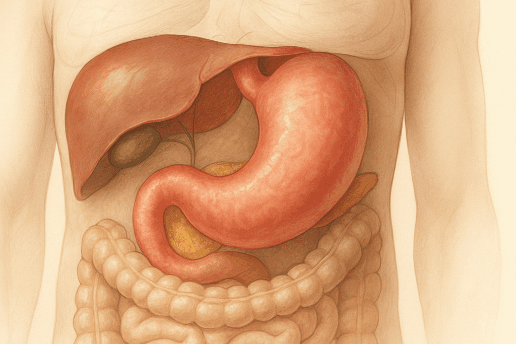 Anatomical illustration showing where your stomach is located beneath the diaphragm, left of the liver, with nearby organs visible.