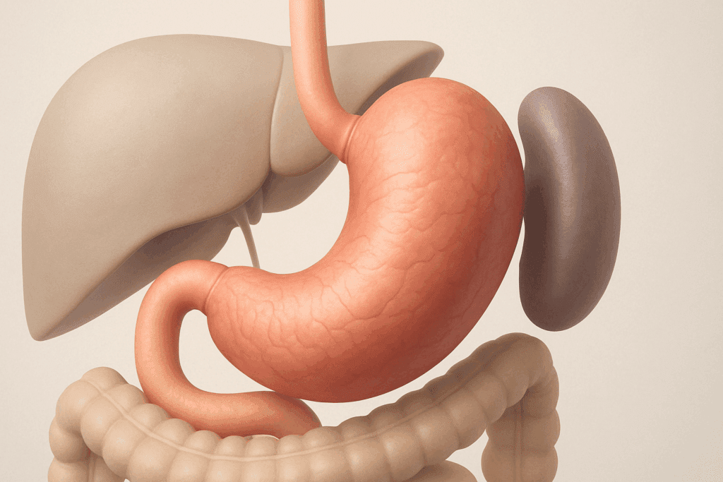 3D medical illustration showing where your stomach is located between the esophagus and duodenum, with surrounding organs subtly visible.