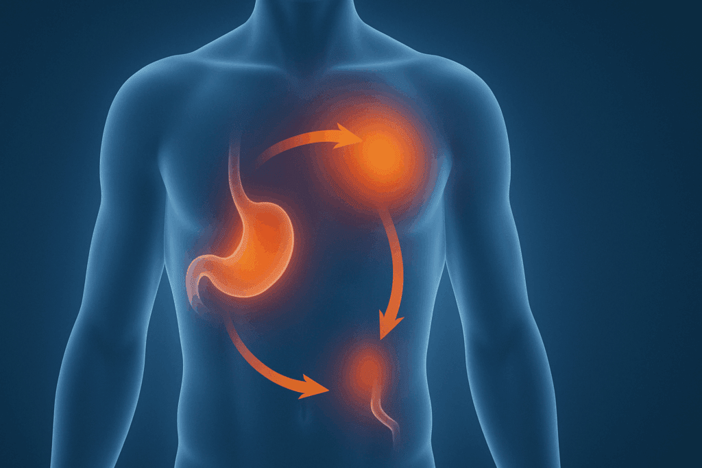 Conceptual medical illustration showing referred pain patterns to explain where is your stomach located and how discomfort may radiate to chest, side, or lower abdomen