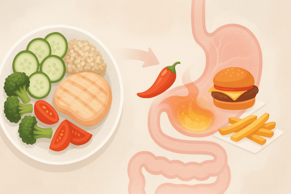 Conceptual illustration showing healthy and unhealthy foods transitioning into a transparent digestive system, highlighting where your stomach is located.