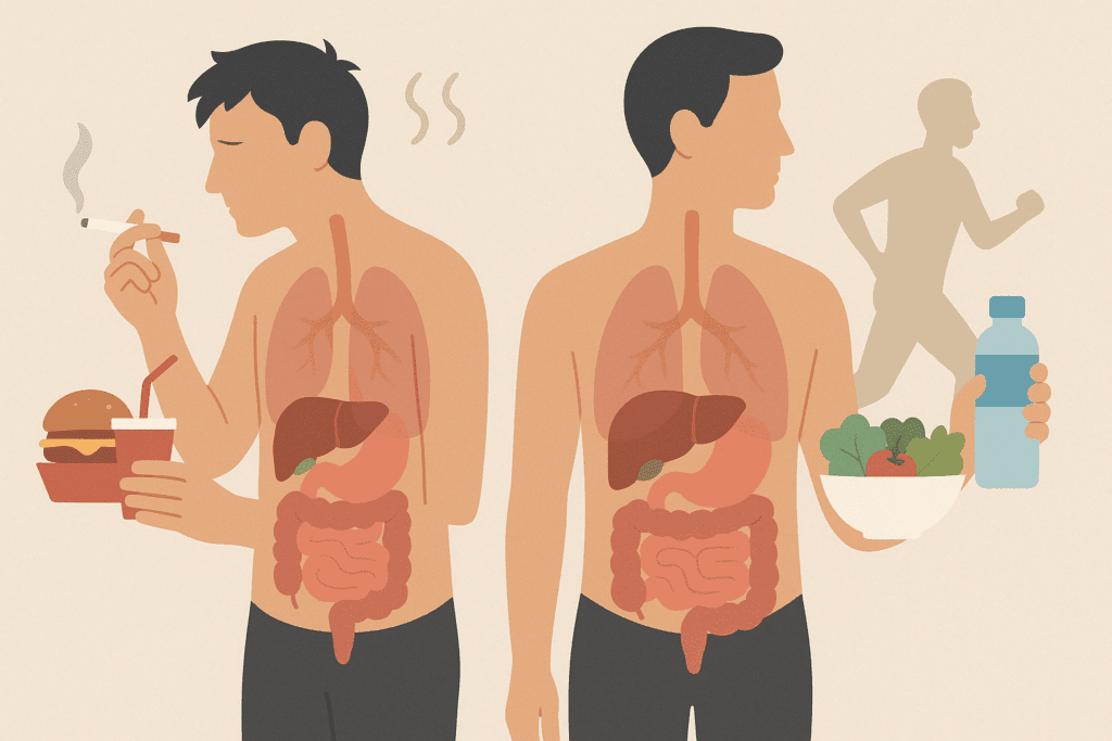 Side-by-side human figures showing healthy and unhealthy habits with transparent organs highlighting where your stomach is located