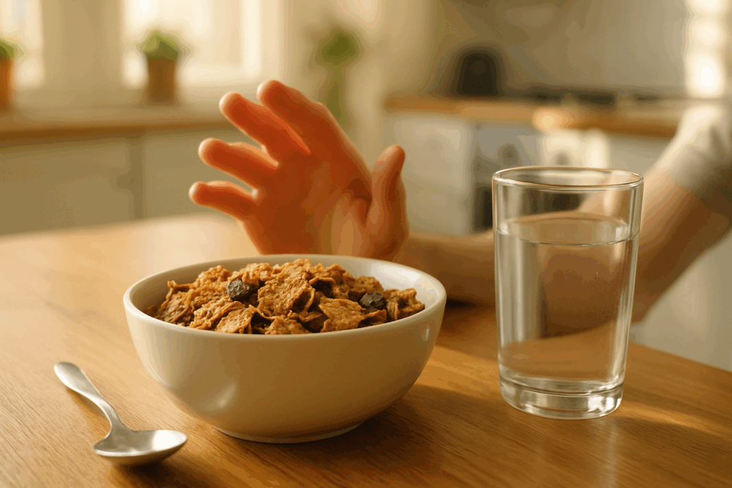 Hand hesitating over a bowl of raisin bran cereal on a sunny kitchen table with water, suggesting concern about raisin bran and kidneys.