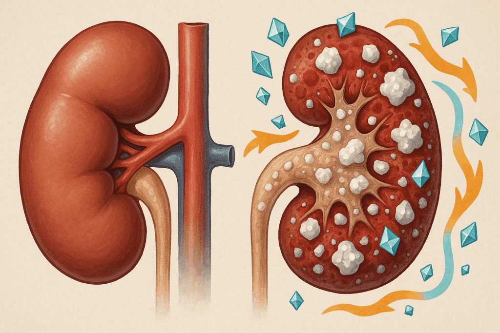 Detailed medical illustration comparing healthy kidneys to damaged kidneys with mineral buildup, highlighting effects linked to raisin bran and kidneys.
