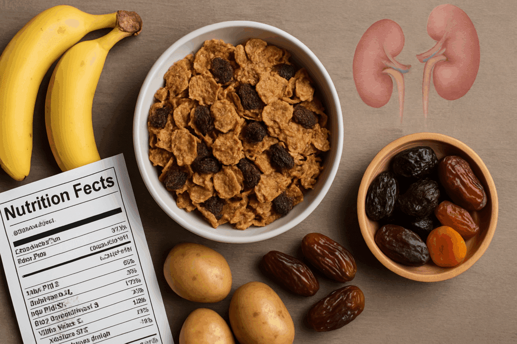 Flat lay of raisin bran and kidneys-related foods like bananas, dried fruits, and potatoes next to a nutrition label, highlighting high potassium content