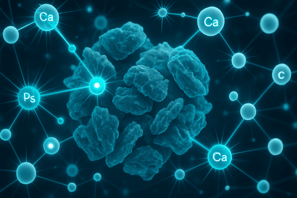 Microscopic view of bran particles with symbolic calcium and phosphorus interaction, illustrating how raisin bran and kidneys are affected by high phosphorus content.