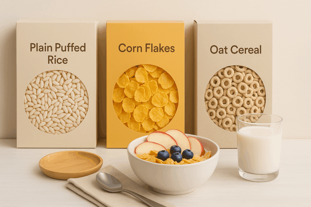 Kidney-safe cereal alternatives to raisin bran and kidneys, including puffed rice, corn flakes, and oat cereal, served with almond milk and sliced apples.