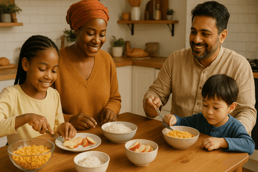 Multicultural family eating a kidney-friendly breakfast with raisin bran and kidneys in mind, featuring apple slices, white rice, and corn cereal.