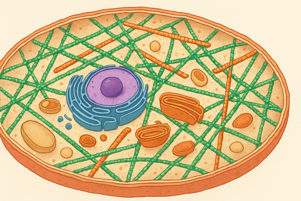 Cross-section of a cell showing organelles and cytoskeleton filaments that illustrate what do proteins provide for the cell in structural support.