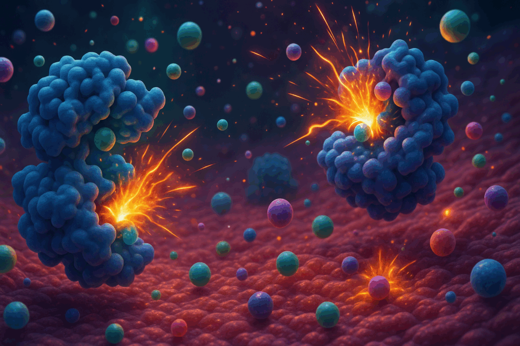 Dynamic 3D rendering of enzymes catalyzing molecular reactions, visually illustrating what do proteins provide for the cell through accelerated chemical activity