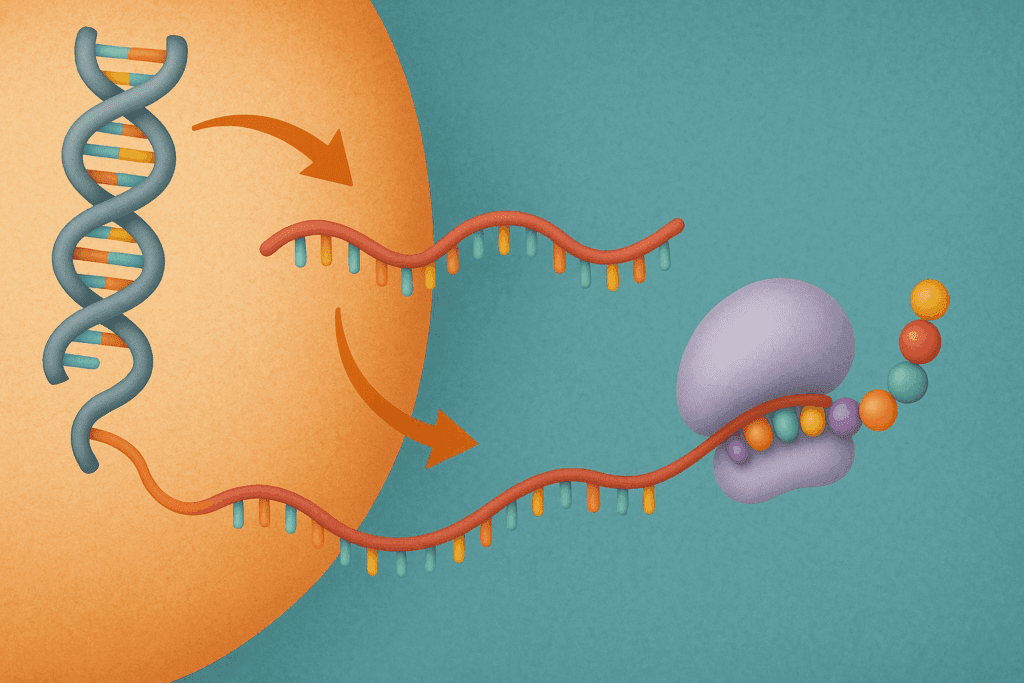 3D diagram showing DNA transcription and translation into a polypeptide chain, illustrating what do proteins provide for the cell through protein synthesis