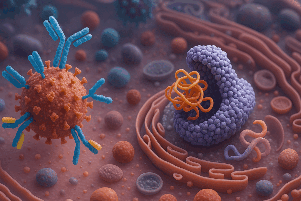 Immune proteins like antibodies binding to a virus and heat shock proteins repairing damaged proteins, showing what do proteins provide for the cell during stress.