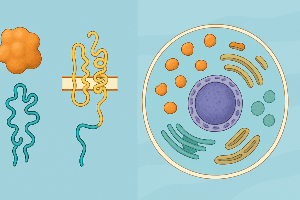 Conceptual illustration showing what do proteins provide for the cell by comparing globular, fibrous, and membrane-bound proteins in different locations like the nucleus, cytoplasm, and membrane