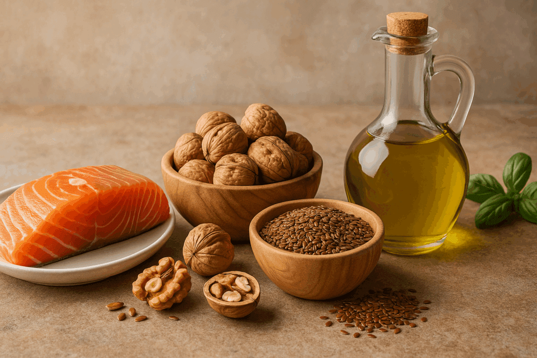Heart-healthy foods like salmon, walnuts, flaxseeds, and vegetable oil on a rustic counter illustrating the question is polyunsaturated fat good or bad