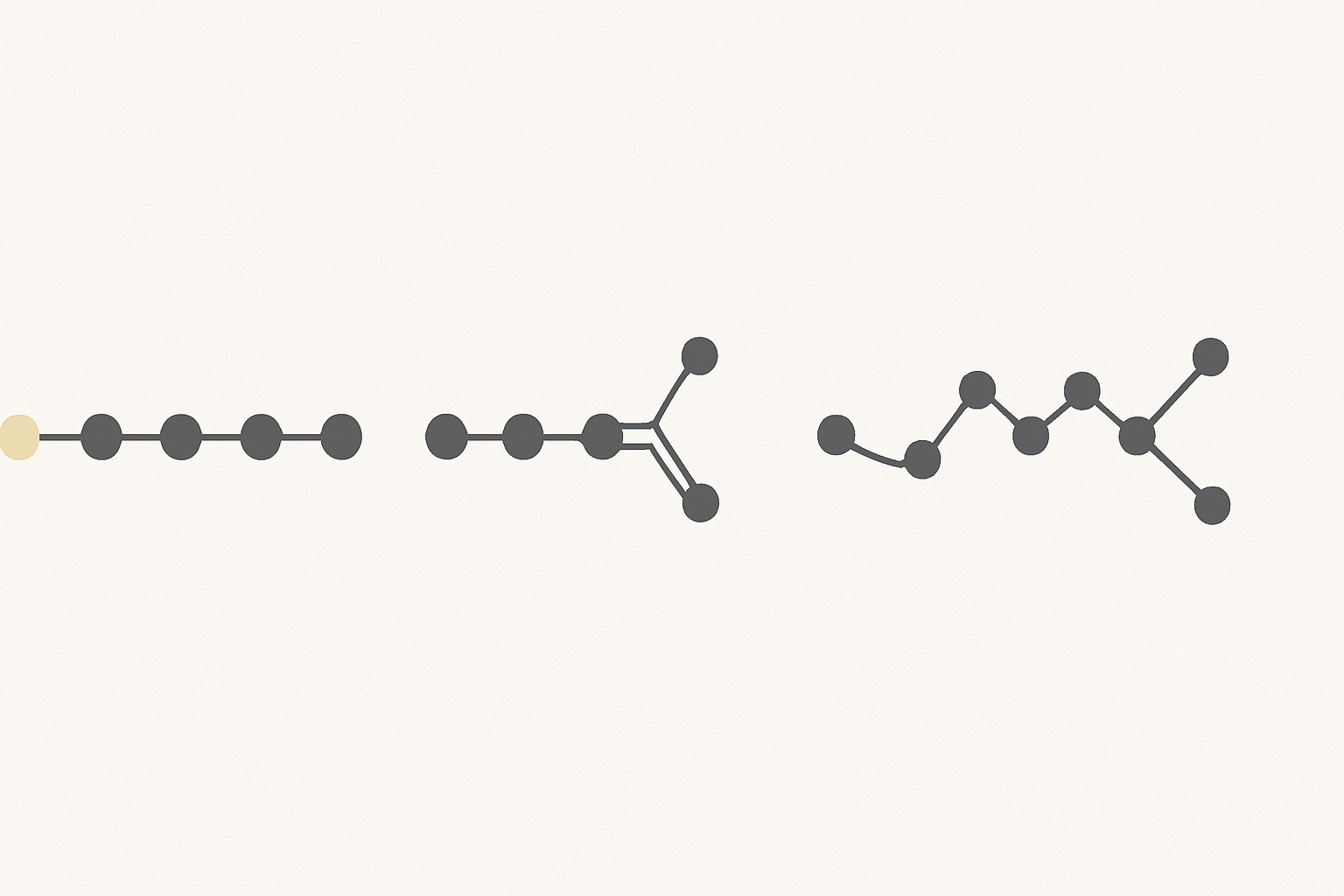 Diagram comparing molecular structures of saturated, monounsaturated, and polyunsaturated fats to illustrate fluidity and help explain is polyunsaturated fat good or bad.
